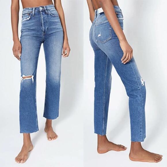 NEW Re/Done Stove Pipe Destroyed Straight-Leg Jeans Women's Blue Size: 24 - Picture 1 of 10